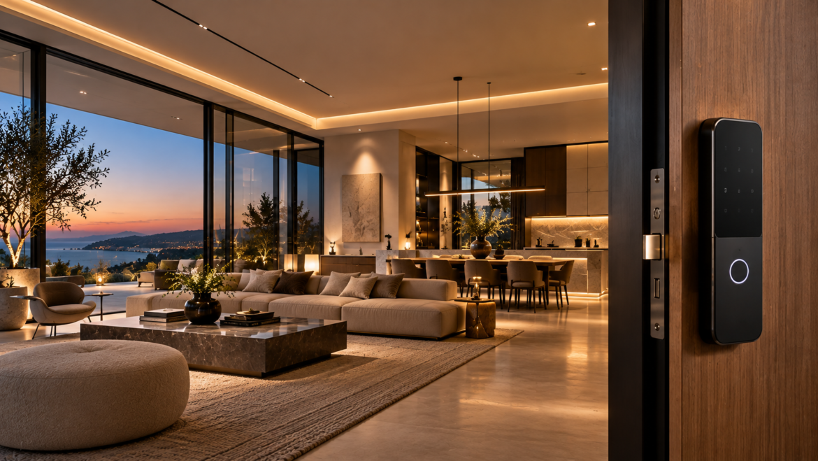 Luxury smart-home interior with a digital door lock, integrated lighting and an open-plan living space.